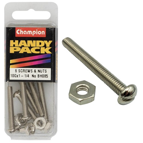 Champion Fasteners Pack Of 6 Nickel Plated Slotted Pan Head Machine Screws And Nuts 10G x 1-1/4" BH085 thumbnail