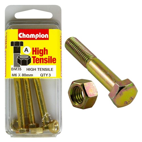Champion Fasteners Pack Of 3 M6 X 80Mm High Tensile Grade 8.8 Zinc Plated Hex Bolts And Nuts 3PK BM35 thumbnail