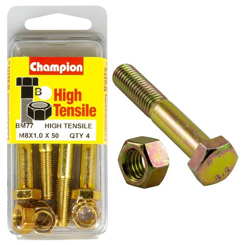 Champion Fasteners Pack Of 4 M8 X 50 X 1.00Mm High Tensile Grade 8.8 Zinc Plated Hex Bolts And Nuts 4PK BM77 thumbnail