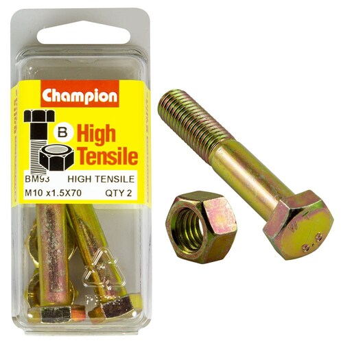 Champion Fasteners Pack Of 2 High Tensile Zinc Plated Hex Bolts And Nuts - M10 X 70MM BM93 thumbnail