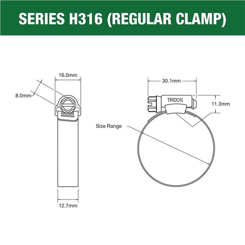 Tridon 316 Stainless Steel Hose Clamps 222-273mm H316-164 Pack of 6 thumbnail