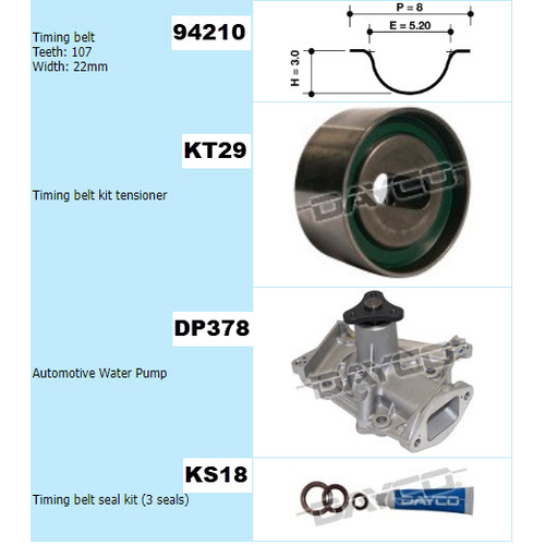 Dayco Timing Belt Kit with Water Pump KTBA049P KTBA049 thumbnail