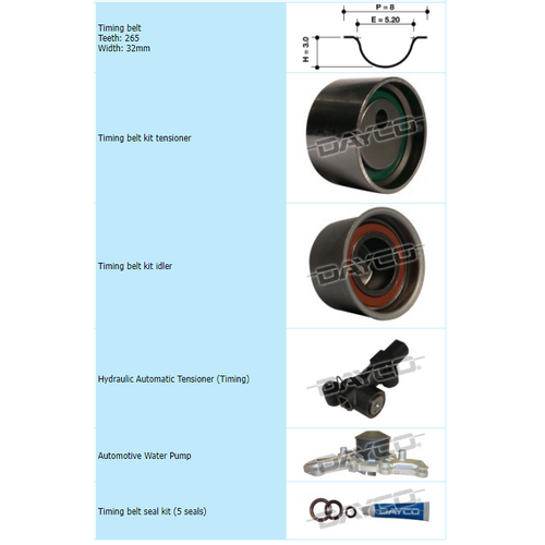 Dayco Timing Belt Kit Including Hydraulic Tensioner & Water Pump KTBA121HP thumbnail