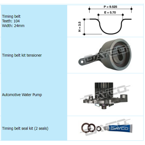 Dayco Timing Belt Kit Including Water Pump KTBA127P thumbnail