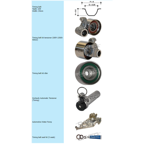 Dayco Timing Belt Kit Including Hydraulic Tensioner & Water Pump KTBA162HP thumbnail