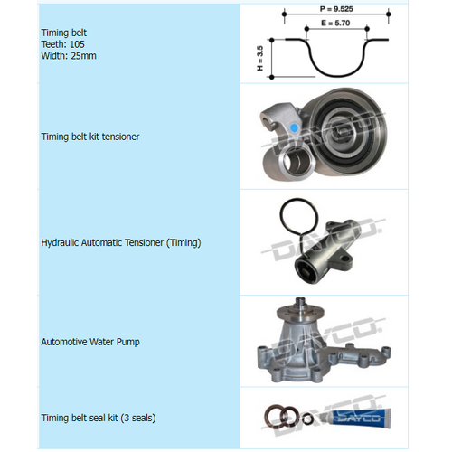 Dayco Timing Belt Kit Including Hydraulic Tensioner & Water Pump KTBA171HP thumbnail