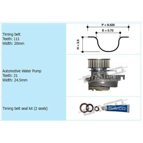 Dayco Timing Belt Kit Including Water Pump KTBA190P thumbnail