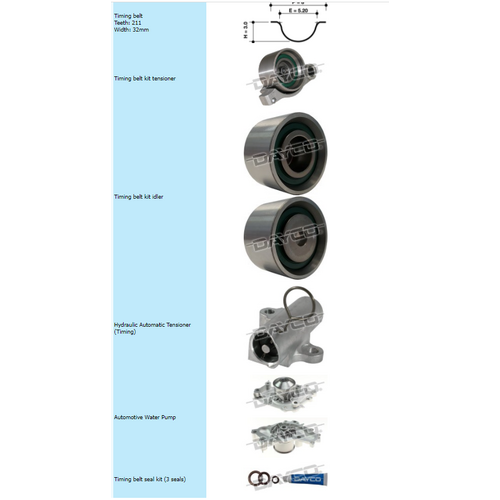Dayco Timing Belt Kit Including Hydraulic Tensioner & Water Pump KTBA250HP thumbnail