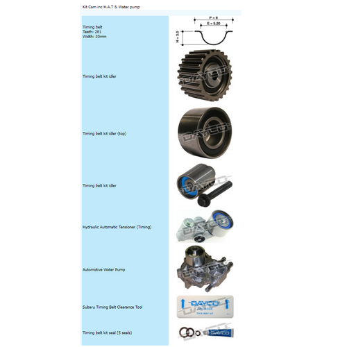 Dayco Timing Belt Kit Including Hydraulic Tensioner & Water Pump KTBA303HP thumbnail