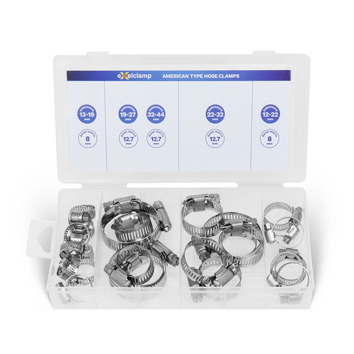 Exelclamp American Type Stainless Steel Hose Clamp Assortment MERCH26-AM 26 Piece thumbnail