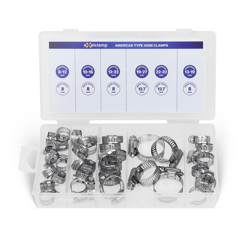 Exelclamp American Type Stainless Steel Hose Clamp Assortment MERCH40-AM 40 Piece thumbnail