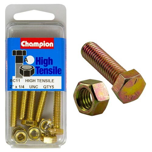 Champion Fasteners Pack Of 5 1/4" X 2" Unc High Tensile Grade 5 Hex Set Screws And Nuts -  BC11 thumbnail