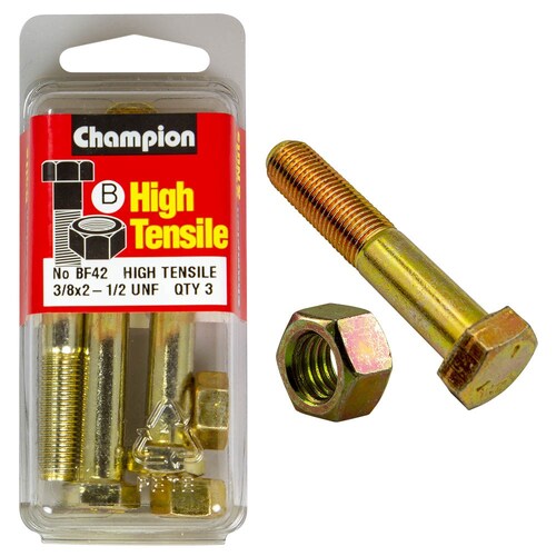 Champion Fasteners Pack Of 3 3/8" X 2-1/2" Unf High Tensile Grade 5 Hex Bolts And Nuts - Zinc Plated (3 Pack) 3PK BF42 thumbnail