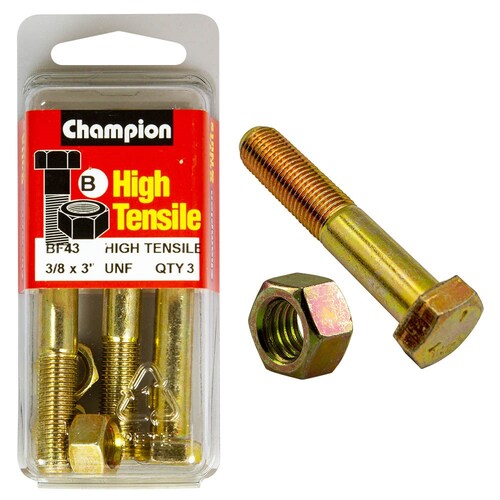 Champion Fasteners Pack Of 3 3/8" X 3" High Tensile Grade 5 Hex Bolts And Nuts - Zinc Plated 3PK BF43 thumbnail
