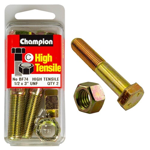 Champion Fasteners Pack Of 2 1/2" X 3" Unf High Tensile Grade 5 Zinc Plated Hex Bolts And Nuts 2PK BF74 thumbnail