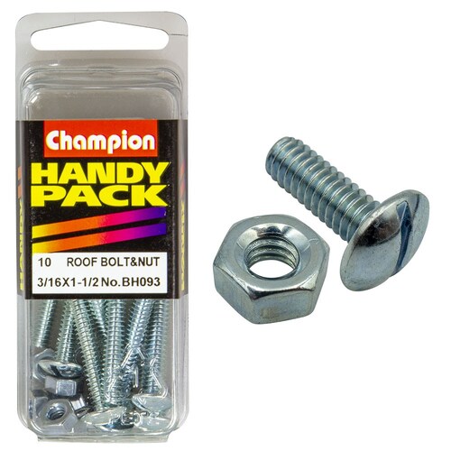 Champion Fasteners Pack Of 10 Zinc Plated Slotted Mushroom Head Roofing Bolts And Nuts 3/16" x 1-1/2" BH093 thumbnail