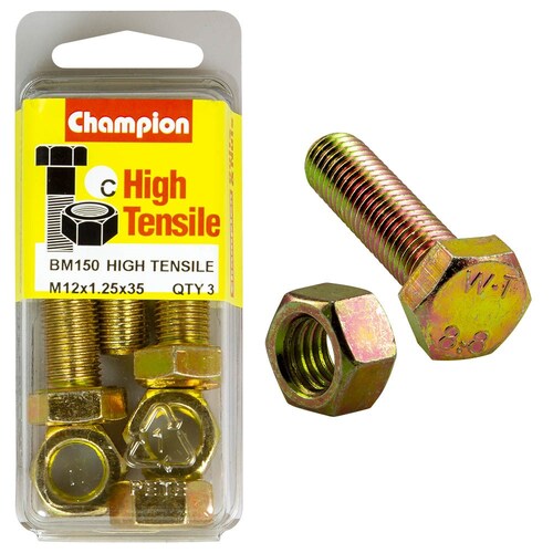 Champion Fasteners Pack Of 3 High Tensile Grade 8.8 Zinc Plated Hex Set Screws And Nuts 3PK M12 X 35 X 1.25MM BM150 thumbnail