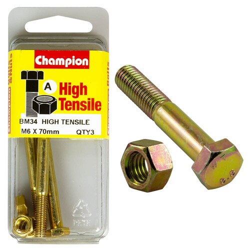 Champion Fasteners Pack Of 3 M6 X 70Mm High Tensile Grade 8.8 Zinc Plated Hex Bolts And Nuts 3PK BM34 thumbnail