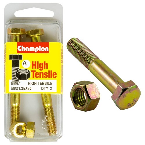 Champion Fasteners Pack Of 2 M8 X 80Mm High Tensile Zinc Plated Hex Bolts And Nuts 2PK BM67 thumbnail