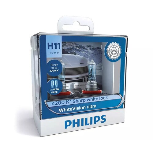 Philips Whitevision Ultra 12V H11 55W 4200K Headlight Globes With 2X W5W Park (Twin Pack) Pair 12362WVUSM thumbnail