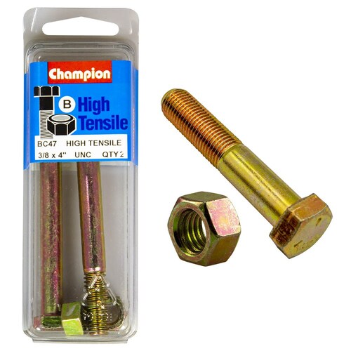 Champion Fasteners Pack Of 2 3/8" X 4" Unc High Tensile Grade 5 Hex Bolts And Nuts - Zinc Plated (2 Pack) 2PK BC47 thumbnail