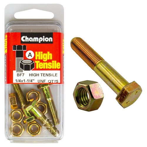 Champion Fasteners Pack of 5 1/4" X 1-1/4" UNF High Tensile Grade 5 Hex Bolts And Nuts - Zinc Plated (5 Pack) 5PK BF7 thumbnail
