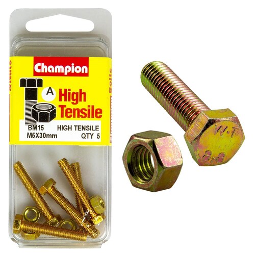 Champion Fasteners Pack Of 5 M5 X 30Mm High Tensile Grade 8.8 Zinc Plated Hex Set Screws And Nuts 5PK BM15 thumbnail
