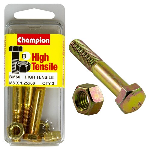 Champion Fasteners Pack Of 3 M8 X 60Mm High Tensile Grade 8.8 Zinc Plated Hex Bolts And Nuts 3PK 65MM BM60 thumbnail
