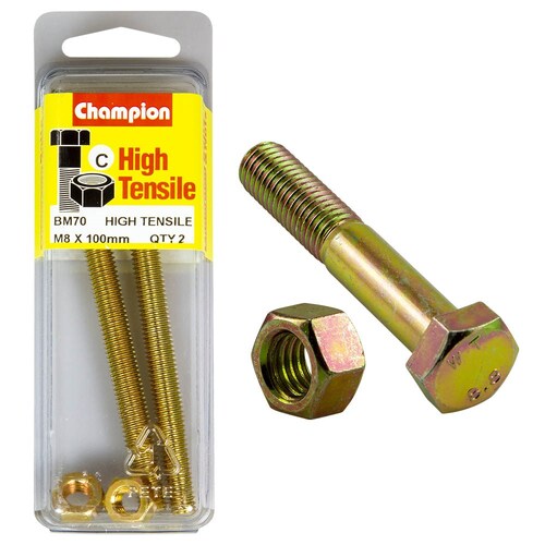 Champion Fasteners Pack Of 2 M8 X 100Mm High Tensile Grade 8.8 Zinc Plated Hex Set Screws And Nuts 2PK BM70 thumbnail