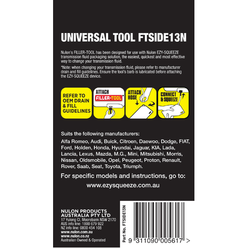 Nulon FTSIDE13N Side Fill Transmission Filler Tool thumbnail