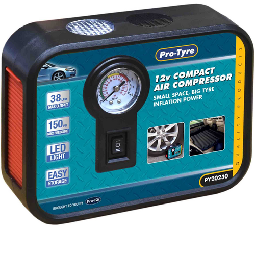 Pro-Tyre 12V 100PSI Compact Air Compressor With Torch PY20250 thumbnail
