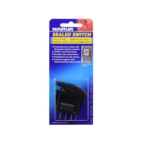 Narva 12/24 Volt ON/OFF/ON LED Illuminated Sealed Rocker Switch (Blue) 63169BL thumbnail