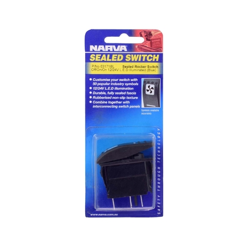 Narva 12/24 Volt OFF/ON/ON LED Illuminated Sealed Rocker Switch (Blue) 63171BL thumbnail