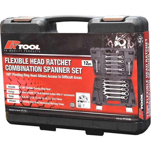 PKTool 12-Piece Flexible Head Ratcheting Combination Spanner Set PT10189 thumbnail
