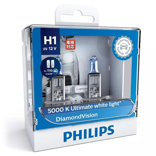 Philips Diamondvision Ultimate 12V H1 55W 5000K Headlight Globes (Twin Pack) With 2X T10 Led Park Pair 12258DVSL