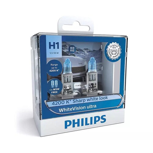 Philips Whitevision Ultra 12V H1 55W 4200K Headlight Globes (Twin Pack) With 2X W5W Park Pair 12258WVUSM