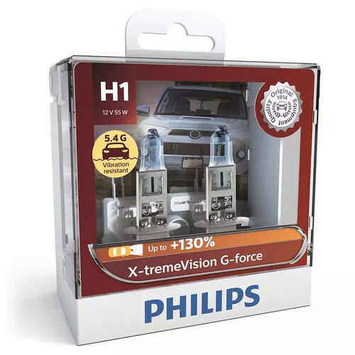 Philips X-Tremevision G-Force 12V H1 55W Vibration Resistant +130% Headlight Globes Twin Pack Pair 12258XVGS2