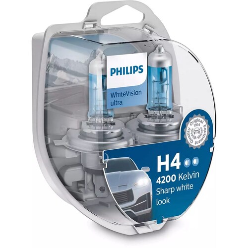 Philips Whitevision Ultra 12V H4 60/55W 4200K Headlight Globes Twin Pack Pair 12342WVUSM