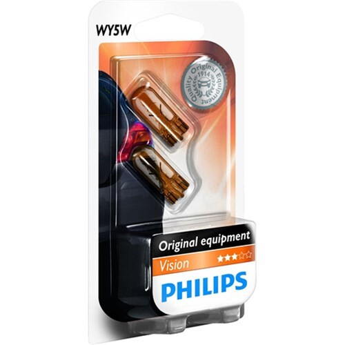 Philips Vision Line 12V Wy5W 5W Amber Tinted Wedge Globes (Twin Pack) Pair 12396B2