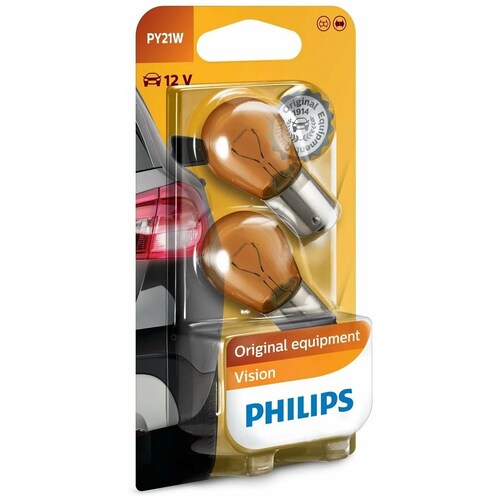 Philips Vision Line 12V Py21W 21W Amber Tinted Bayonet Globes (Twin Pack) Pair 12496B2