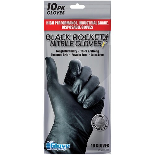 TGC Handy Pack of 10 Black Rocket Heavy Duty Disposable Nitrile Gloves Large 10PK 130103