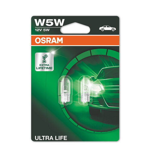 Osram Globes Ultra Life (pk 2) Wedge W2.1x9.5d 12v 5w 2825ult-02b