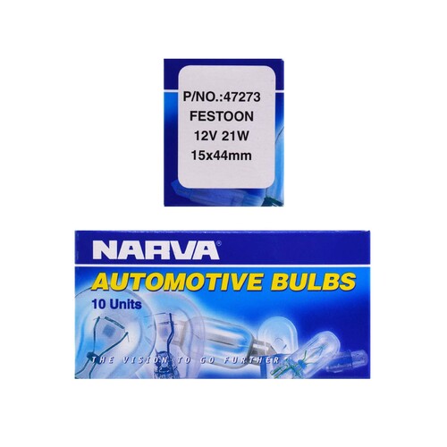 Narva Globes (box Of 10) Festoon 15x44mm Sv8-5.8 T-15mm 12v 21w 47273