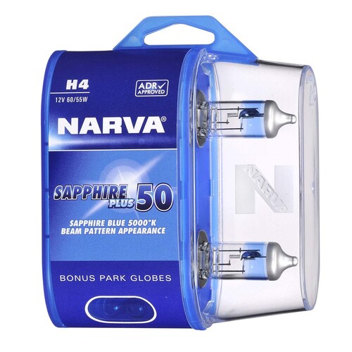 Narva H4 12V 60/55W Sapphire Plus 50 Halogen Headlight Globes Twin Pack Pair 48522BL2