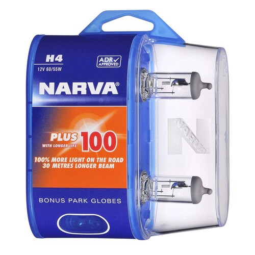 Narva H4 12V 60/55W Plus 100 Longer Life Halogen Headlight Globes Twin Pack - Pair (48872BL2)