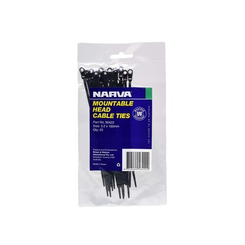 Narva Mountable Head Cable Tie 3.2 x 160mm 25 Pack - 56422