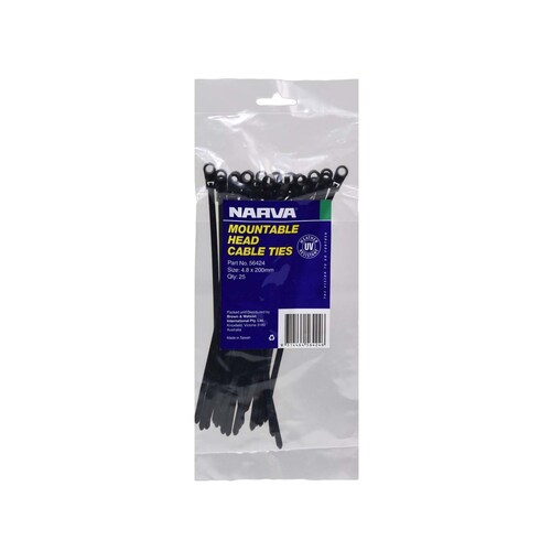 Narva Mountable Head 4.8 x 200mm Cable Ties Pack of 25 - 56424