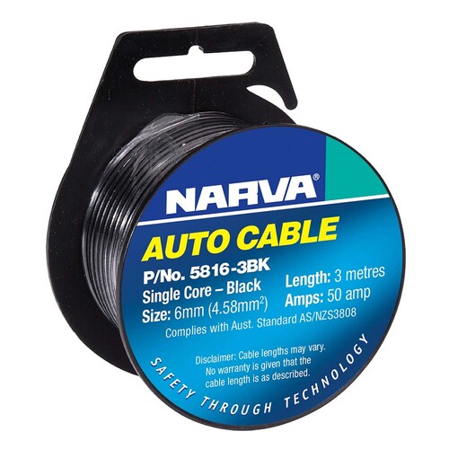 Narva 50A 6mm Black Single Core Cable - 3m Length - Part No. 5816-3BK