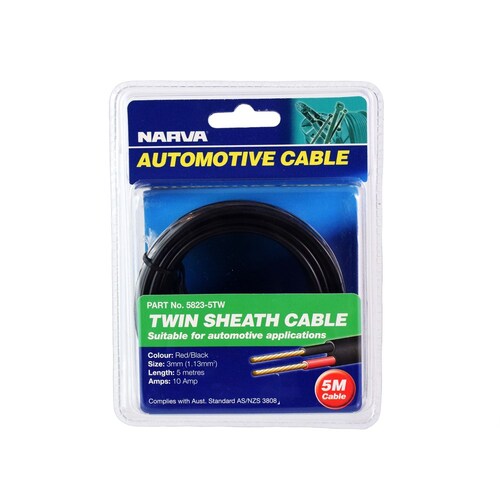 Narva 10A 3mm Twin Core Sheathed Cable Red/Black with Black Tracer 5m - 5823-5TW