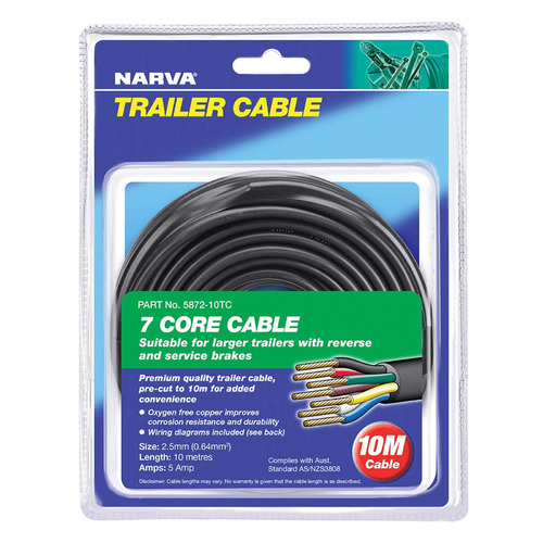 Narva 7 Core Trailer Cable 10m 5a 2.5mm Black Red Green Yellow Blue White Brown 5872-10TC
